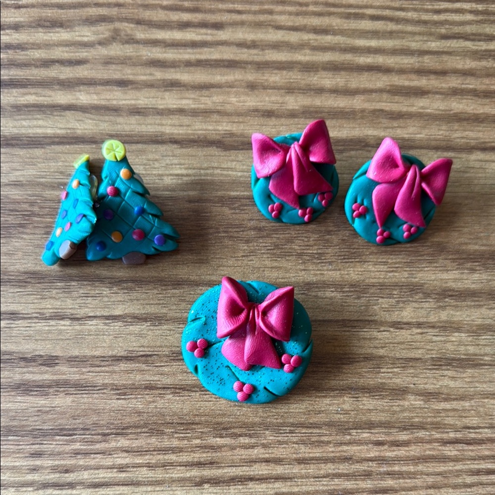 Colorful Wreath and Tree Earrings and Pin